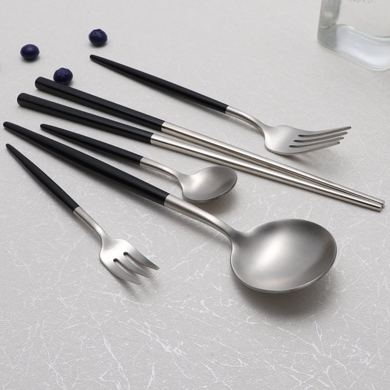 

Black Silver 18/10 Cutlery Set Stainless Steel Dinnerware Steak Knife Fork Chopsticks Teaspoon Party Kitchen Food Tableware Set