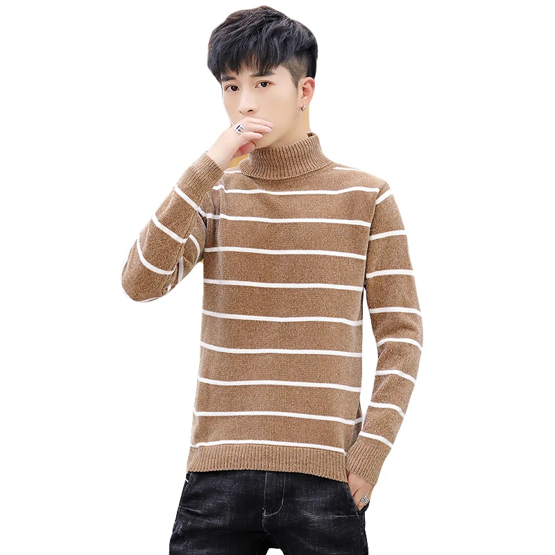 #^Special Price Winter Thick Warm Striped Sweater Men Turtleneck Brand Mens Sweaters Slim Fit Pullover Men Knitwear Male Double Collar M-XXXL