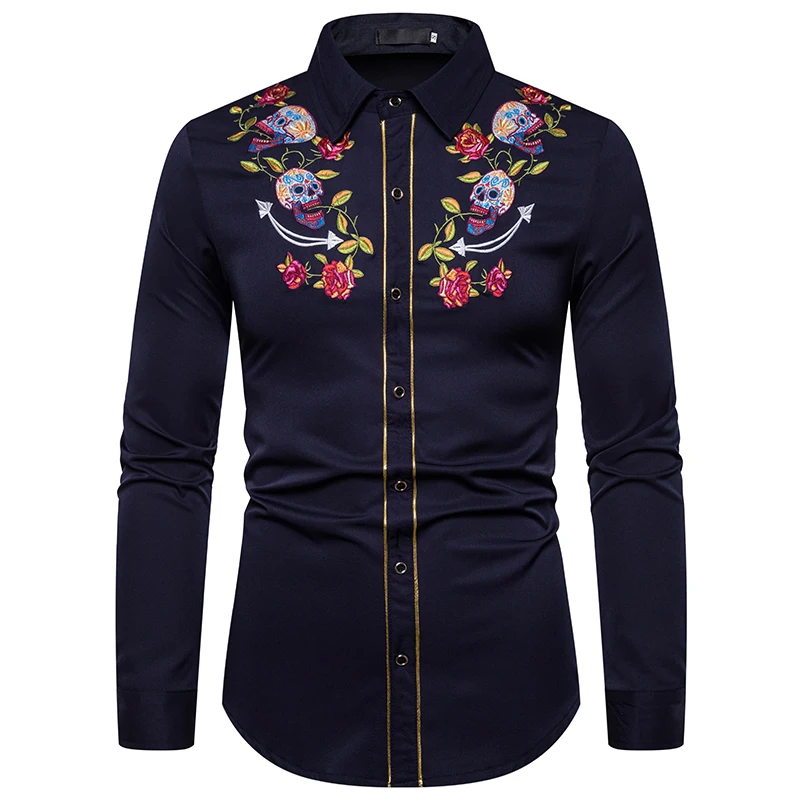 UNPADUPE Мужская мода Западный череп ковбоя и Роза вышивка рубашка Slim Fit Повседневная с длинным рукавом пуговицы вниз платье рубашки - Цвет: Navy