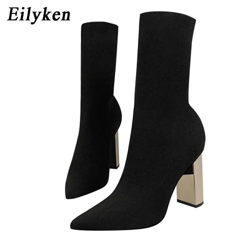 Eilyken/удобные Стрейчевые женские сапоги-носки; ботильоны на высоком квадратном каблуке; модная Осенняя растягивающаяся обувь с острым носком; Цвет Черный; большие размеры - Цвет: Black