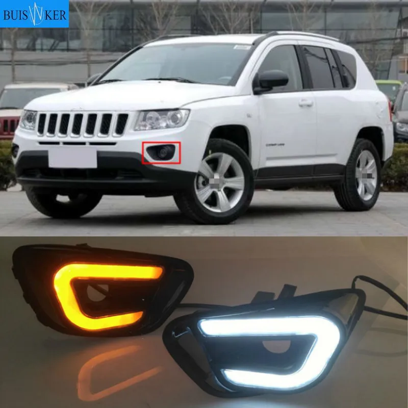 

Автомобильные светодиодные дневные ходовые огни для Jeep Compass 2011, 2012, 2013, 2014, 2015, 2016, дневные ходовые огни, белый и желтый цвет, боковые поворосветильник огни, противотуманные фары, 2 шт.