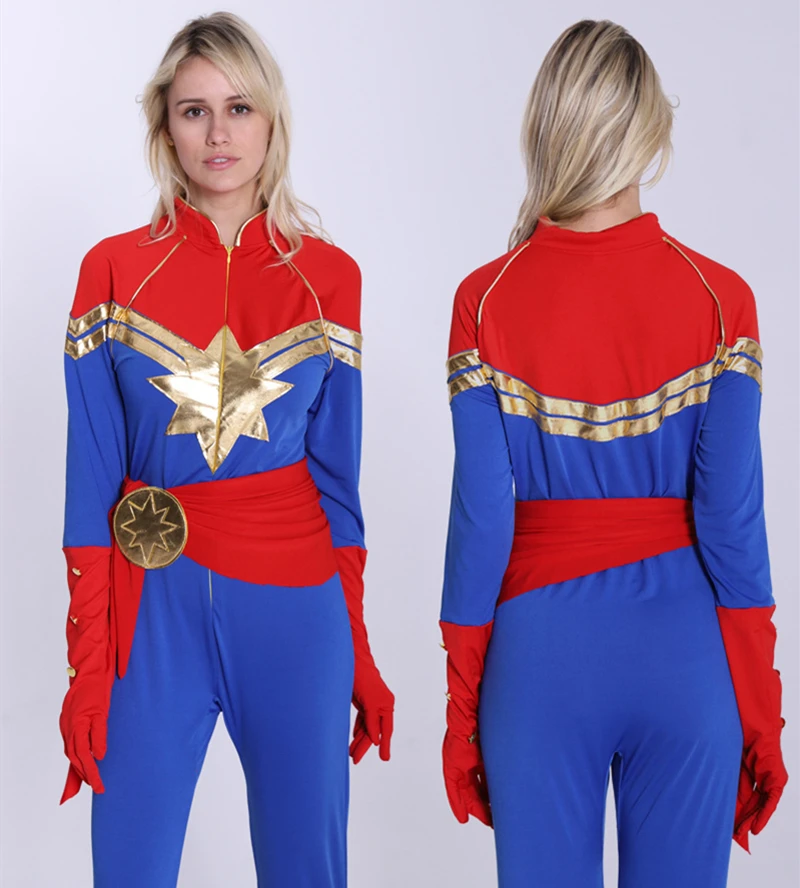 Взрослый Дети Марвел Капитан MS Marvel Carol Danvers комбинезон пояс значки Косплей костюмы Боди нарядное платье костюм зентай