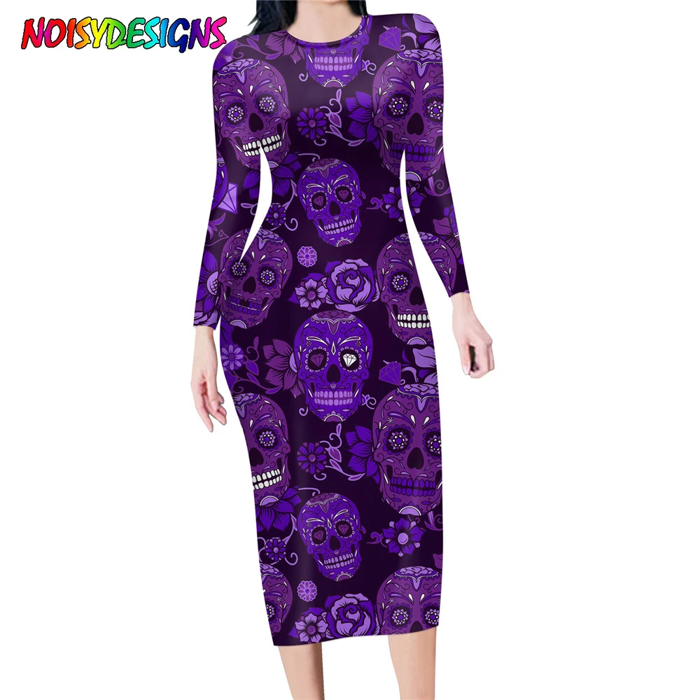 

NOISYDESIGNS Fashion Style Women Long Sleeves Dress Sugar Skull With Flower Pattern Printing Female Casual Pencil Dresses