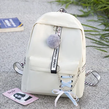 

Backpack School Bag 2020 New Bow Ribbon Chains Backpack Harajuku Large Capacity Zipper Canvas Backpack Middle School Students