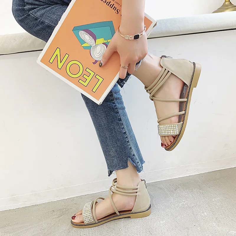 

Summer New Style Flat Heel Peep-Toe Hight-top Rome Sandals Women's Man-made Diamond after Zipper Ankle Ring Bandage Cloth WOMEN'