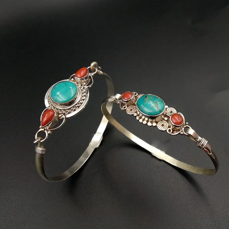 

Nepal Silver Bracelet Handmade Inlaid Turquoise Ruby 925 Adjustable Bracelet Batch Tibet Lhasa