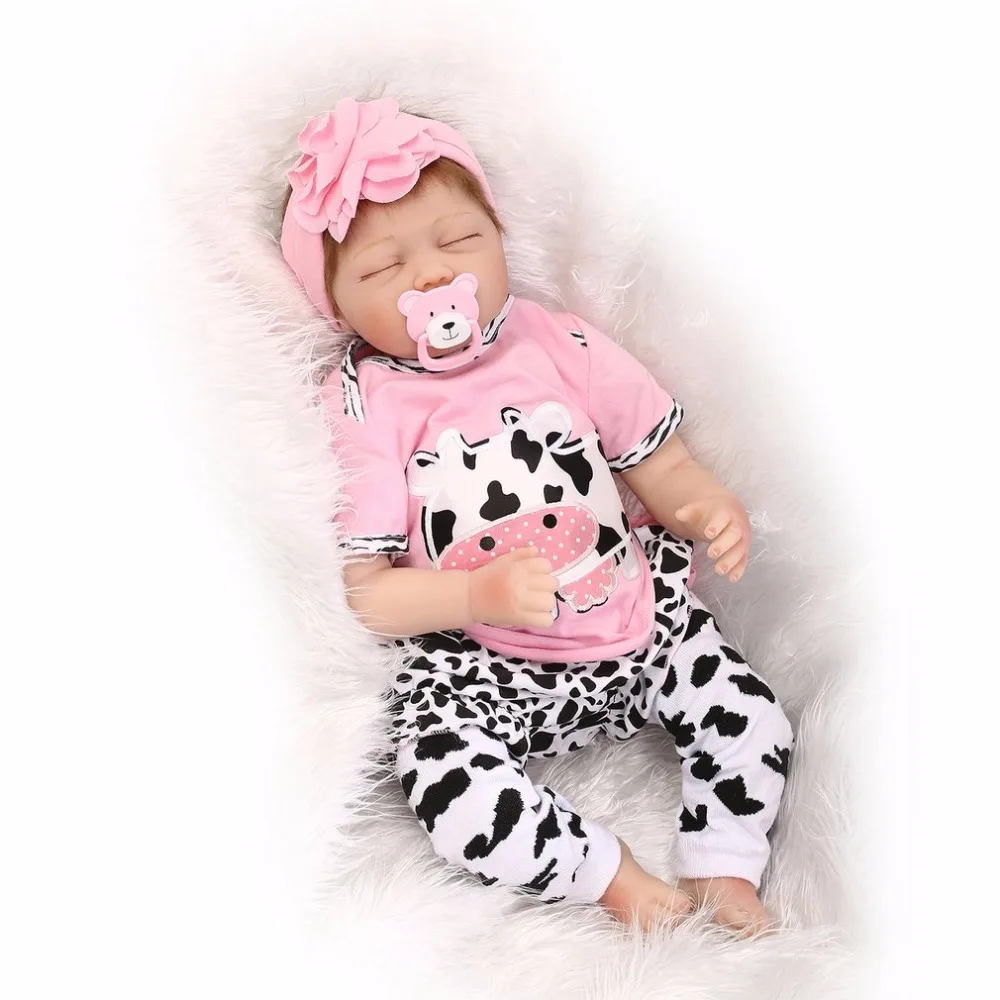 

Cute 55CM Sleeping Doll Reborn Baby Pink and Cow clothes Silicone Girl Lifelike Newborn Doll Best Gift For Children Girls Hot