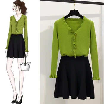 

Fall 2019 New Large Size Ladies' V Neck Sweater & Bust Black Skirt Women 2 Pcs Clothing Set Knitwear Autumn Outfit Basic Clothes