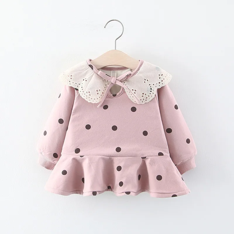 Платье для девочек осень-зима с плюшевой подкладкой для малышей в горошек с кружевом, платье для принцессы с воротником