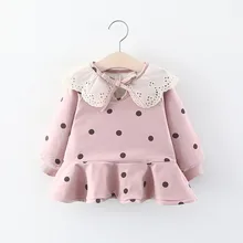 Платье для девочек осень-зима с плюшевой подкладкой для малышей в горошек с кружевом, платье для принцессы с воротником