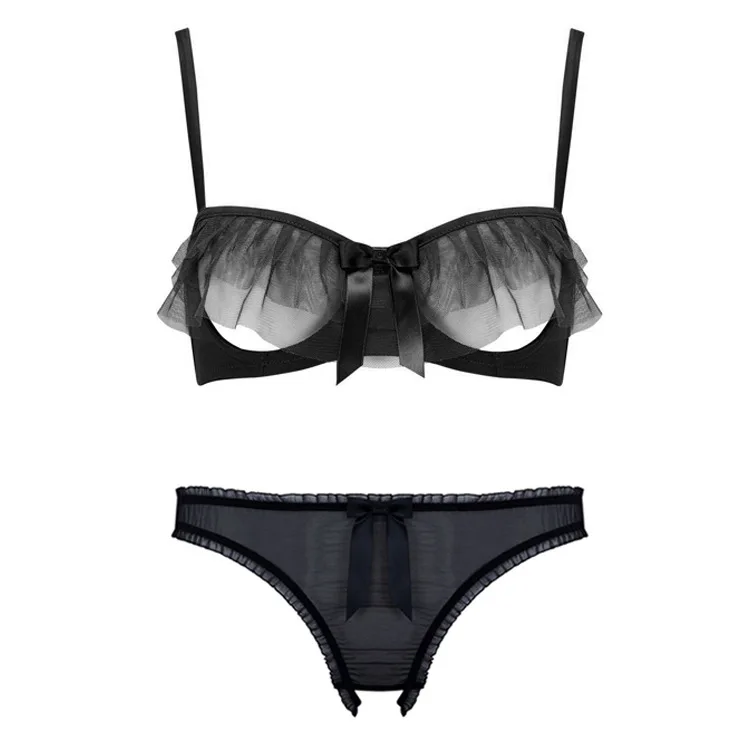 

White Black Sexy Gauze Ruffles Transparent Cupless Crotchless Panties Women Underwear Set Thin Cup Open Bra Brief 2cs Set