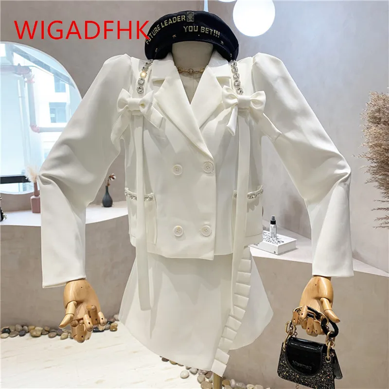 

Spring 2022 New Korean Fashion Suit Bowknot Diamond-studded Loose Suit Jacket + High Waist Irregular Skirt Shorts Set Female