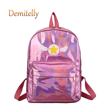 

Laser Magic Sakura Backpack New Cartoon Pink School Bag Cute Angel Wings Girl Backpack PU Leather Pentagram Backpack