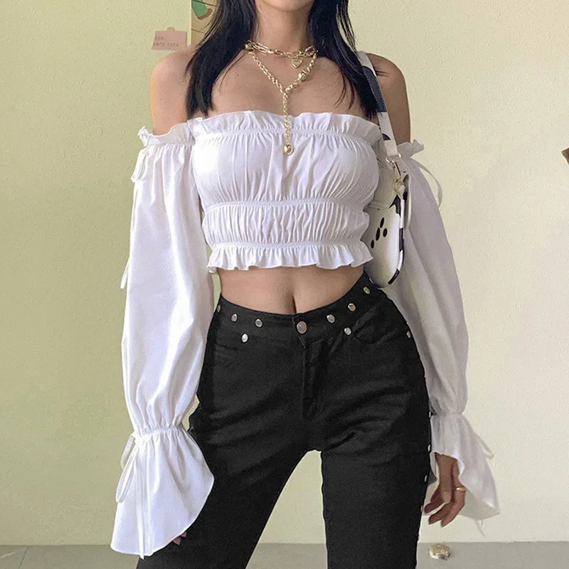 

Women Off shoulder Ruched Solid Shirt tops Sexy Casual Flared Long sleeve Slash neck Pullover Shirt Blouse Elastic Clothes Femme