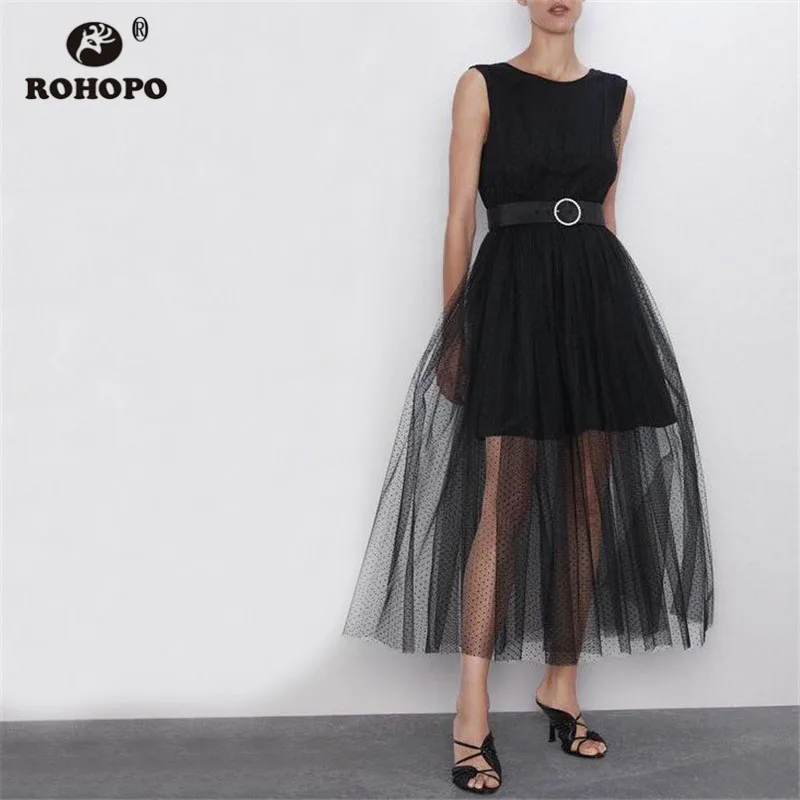 

ROHOPO Double Layer White Polk Dot Black Tulle Midi Dress Diamon Belted Backless Elegant Party Maxi Vestido #2229