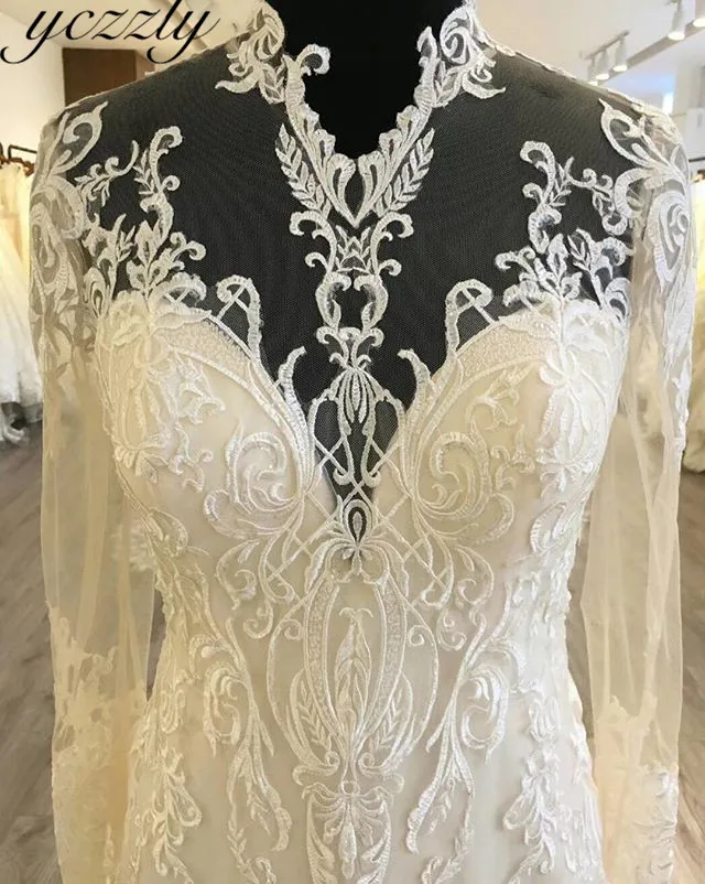 Robe De Mariage сексуальное свадебное платье русалки с высоким вырезом, с длинными рукавами, кружевное свадебное платье с аппликацией Bruidsjurken YW20