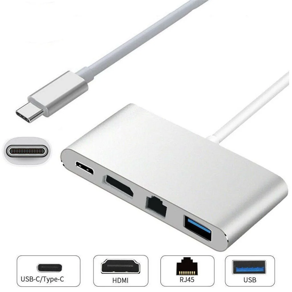 Ouhaobin 4in1 USB Type C Hub to Hdmi 4K USB C Hub to Gigabit Ethernet Rj45 Lan Adapter for Macbook Pro USB-C Charger