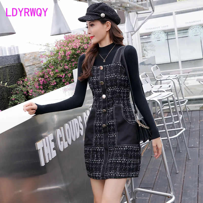 

2019 Japanese style tweed skirt two-piece suit Knee-Length Pullover Button Fly Regular Turtleneck