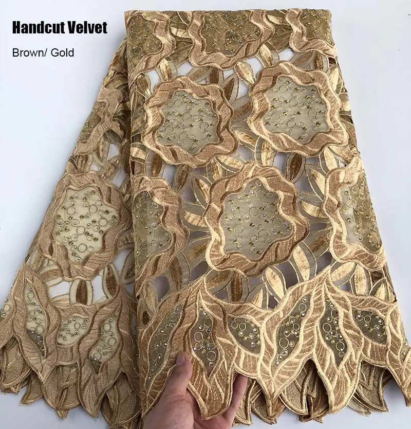 5 ярдов африканская ручная бархатная ткань с кружевом с камнями большая Цветочная вышивка нигерийская швейная одежда