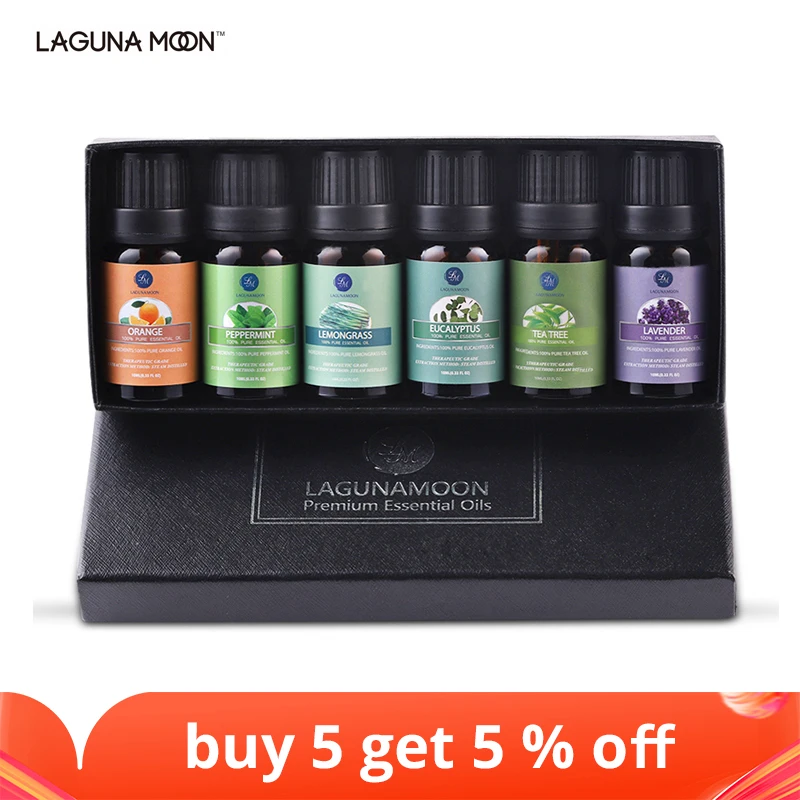 Lagunamoon Pure Essential Oils 10ML 6pcs Gift Set Humidifier Aromatherapy Eucalyptus Papermint Lemongrass Orange Tea Tree Oil