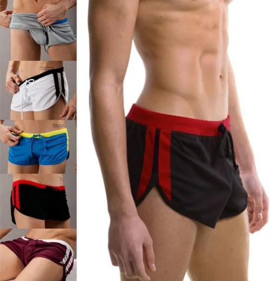 

2020 New Transparent Men's Shorts Lace-up Moisture Wicking Mesh Wide Outer Split Short Three-movement Pants Shorts Beach Shorts