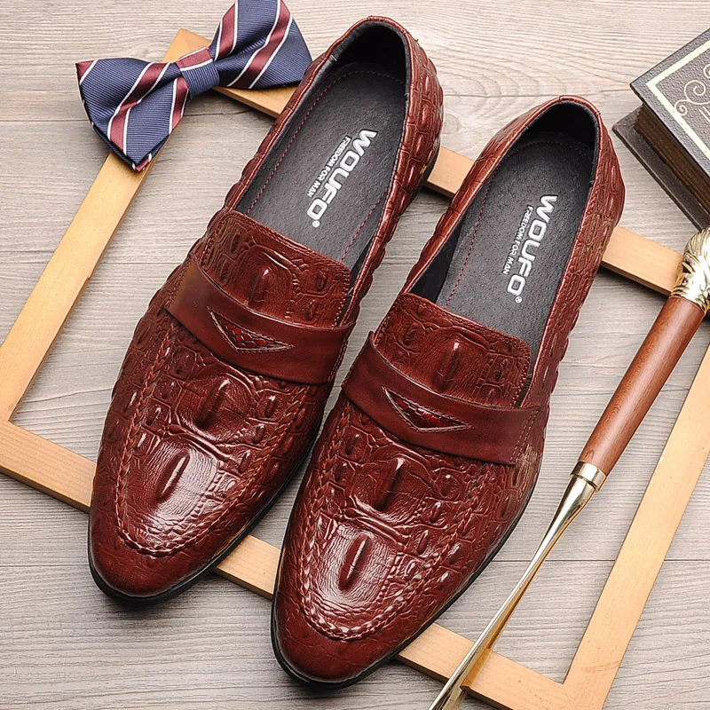 QYFCIOUFU Concise Men Crocodile Shoes Fashion Round Toe Slip On Formal Shoes Man Genuine Cow Leather Leisure Office Shoes Man