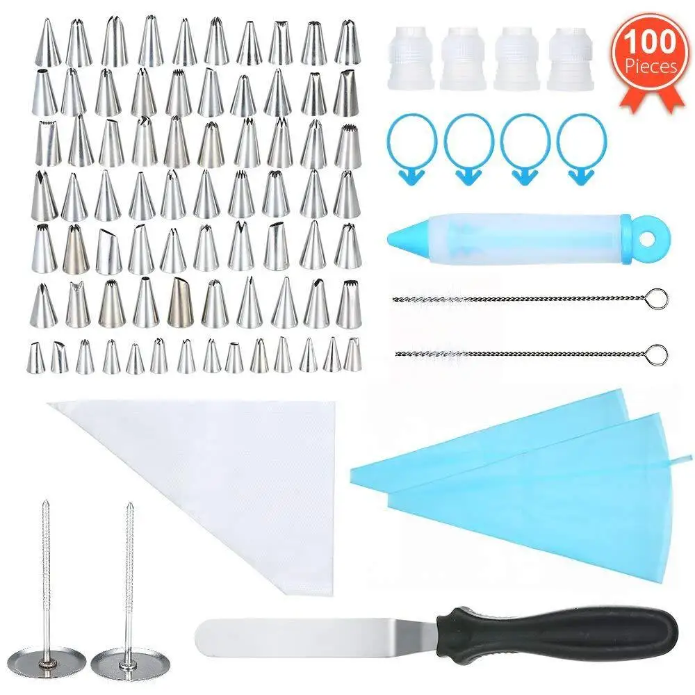 100pcs-Cake-Decorating-Supplies-Kit-Frosting-Bags-and-Tips-Set-Plastic-Coupler-Flower-Nails-Cake-Decorating