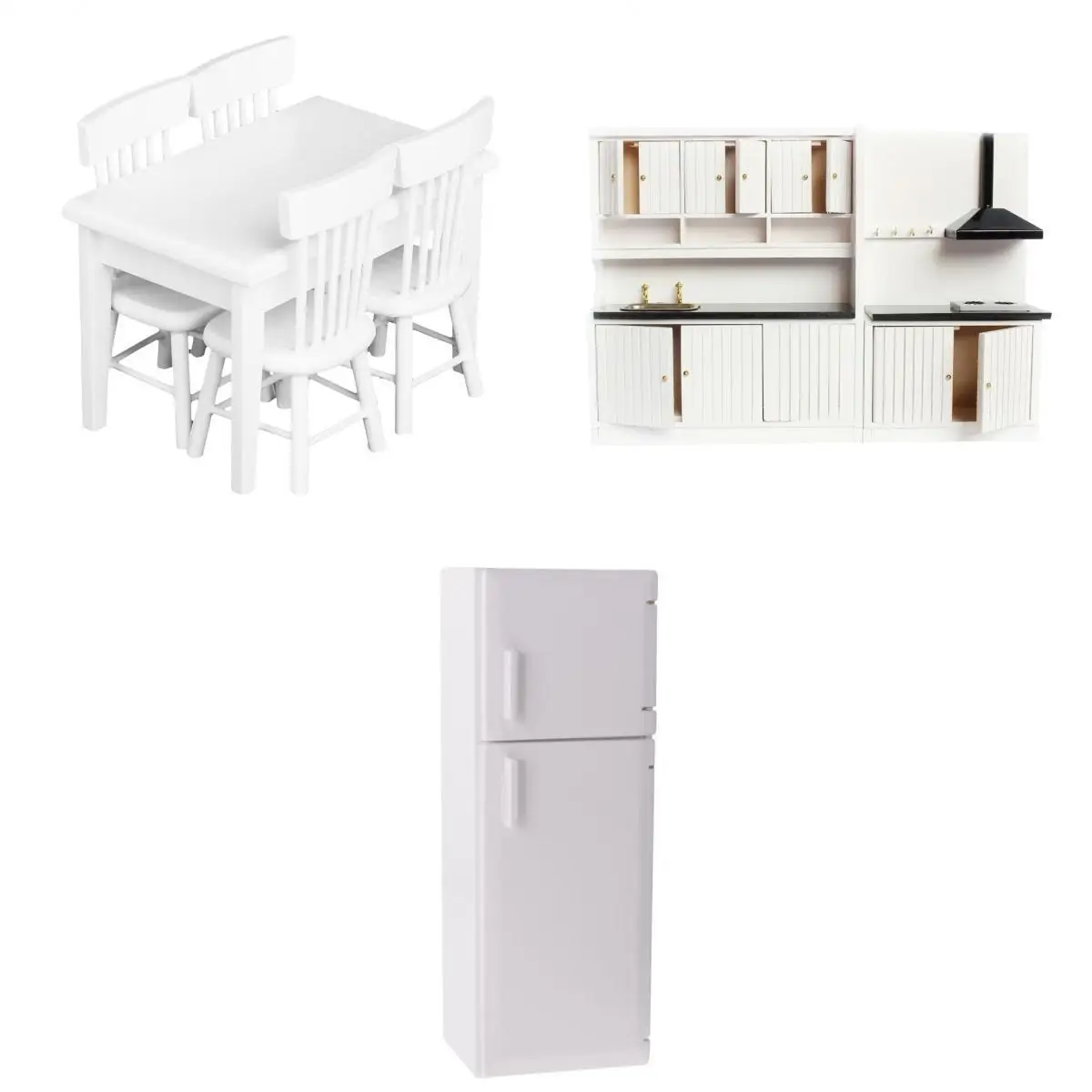 1:12 Dolls House Miniatures Kitchen White Furniture Set Decor Fridge Freezer Table Chairs Toy