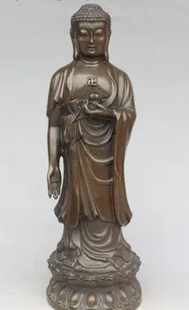 

10" Tibet Pure Bronze Stand Lotus Shakyamuni Sakyamuni Amitabha Buddha Statue