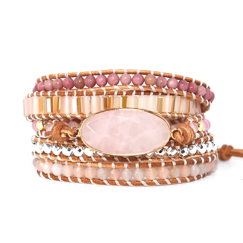 

Women's Leather Bracelets Natural Stone Beads Pink Quartz Crystal 5 Strands Bracelet Bohemian Bracelet Jewelry