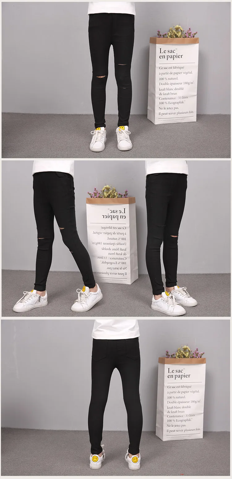 Spring Clothing New Style Girls Skinny Pencil Pants Medium-small Big Kid with Holes Elasticity Slim Fit Trousers Spring And