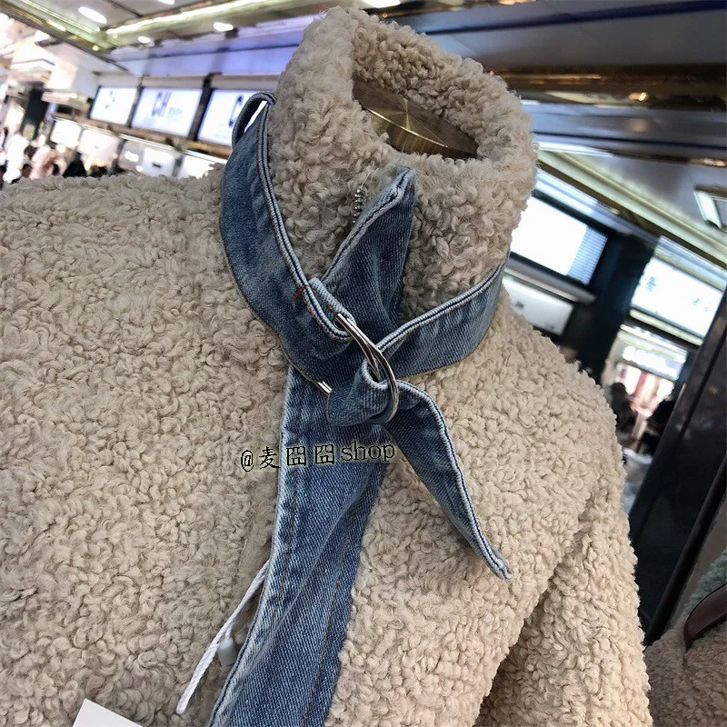 Осень и зима новые корейские сплайсинговые джинсы свободные овчины модное цельное пальто женские куртки и пальто куртка размера плюс