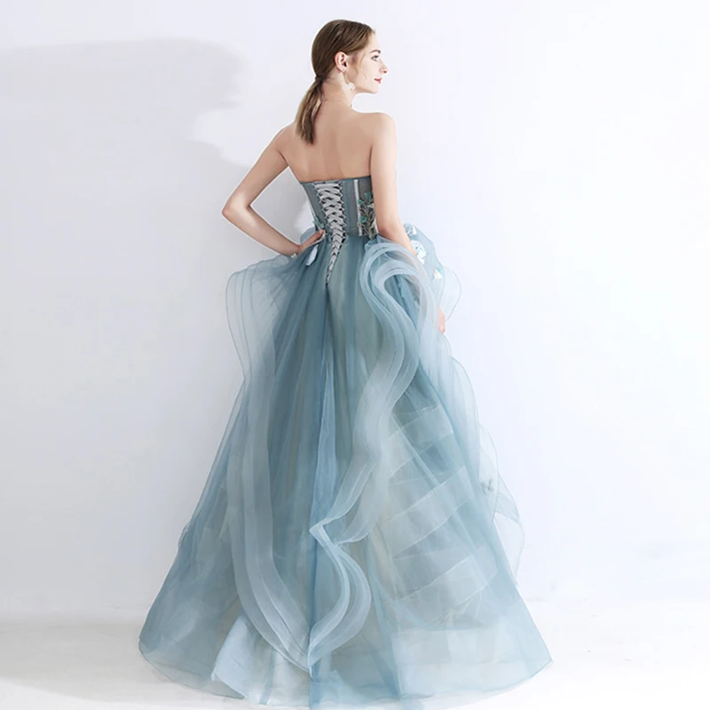 SSYFashion, новинка, роскошное вечернее платье, милый светильник, голубой цветок, феи, без бретелек, кружевное, с цветами, длинное, на выпускной, торжественное платье, Vestidos De Noche