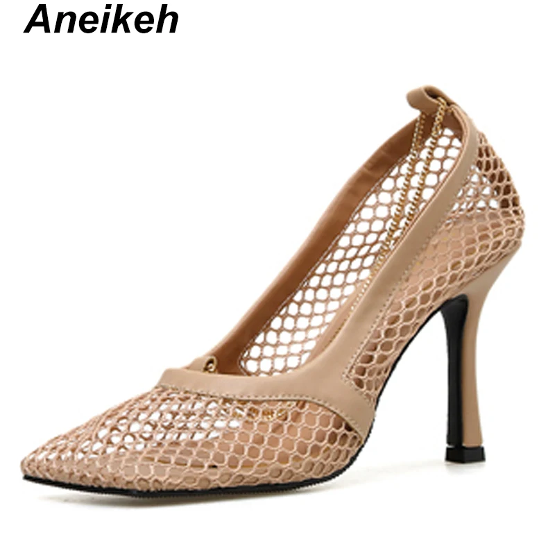 Nude-7CM Aneikeh/женские туфли-лодочки; черные туфли на высоком каблуке с сеткой; модная женская обувь с квадратным носком на каблуке; пикантная обувь без шнуровки на высоком каблуке; Размер 39 - Цвет: Nude-7CM