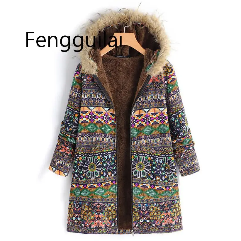

FENGGUILAI Design Fashion Women Boho Warm Coat Fur Hood Woman Large Plus Size Overcoat Female Thick Fleece Jackets Woman Coats