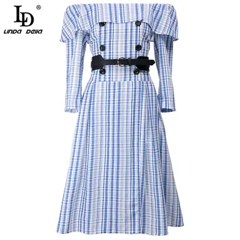 

LD LINDA DELLA 2020 Autumn Bohemia Plaid Print A-Line Dress Women's Fashion Runway Designer Long sleeve Sashes Shirt style Dress