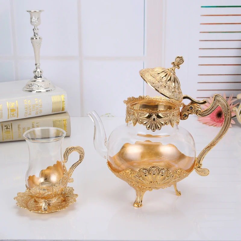 

Palace Golden Glass Teapot Kitchen Metal Cold Kettle Coffee Pot European Style Home Decoration Glassware Birthday Wedding Gifts