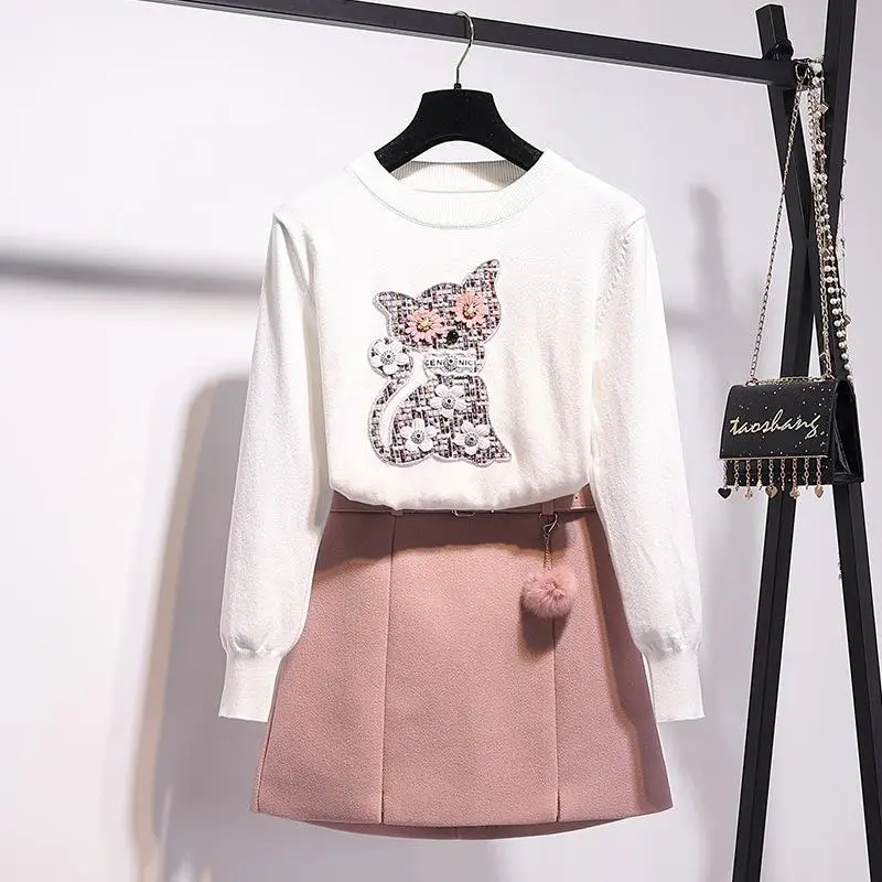 ICHOIX, элегантный женский комплект из 2 предметов с юбкой, милый комплект из 2 предметов с рисунком кота, комплект с свитером, Корейская одежда из двух предметов, зимний комплект из топа и юбки - Цвет: White SET no.1