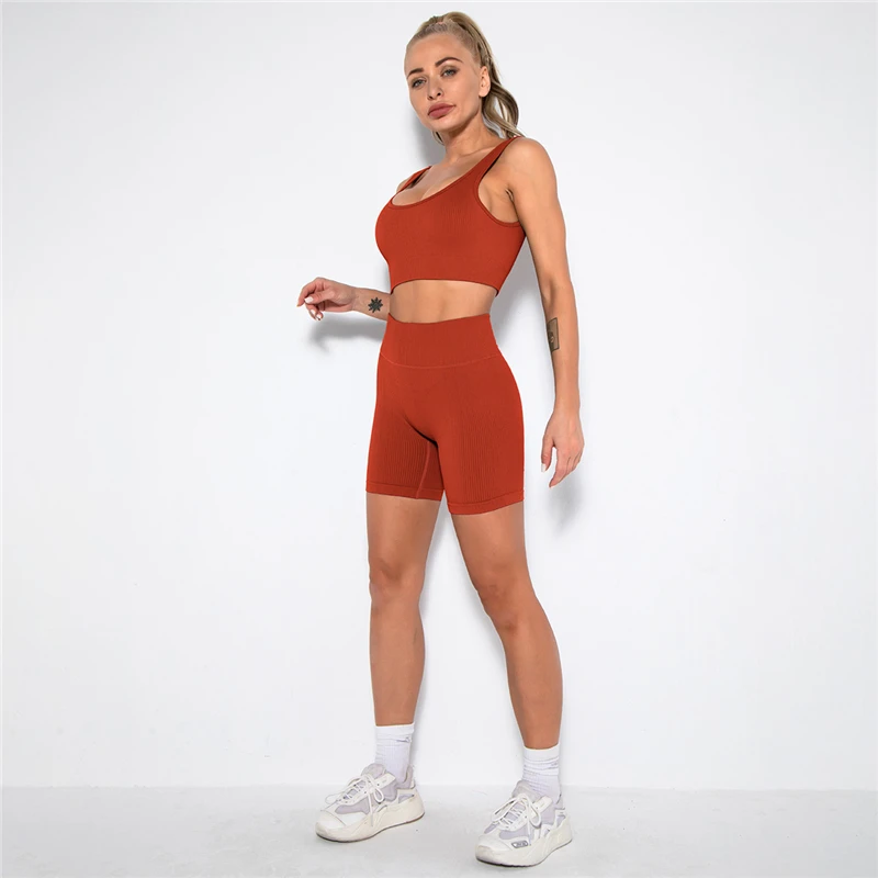 matching tracksuit set Women Tracksuit Ribbed Seamless Yoga Suits Push Up Fitness Gym Clothing Sports Bra High Waist Shorts Workout Clothes 2PCS women's sets Women's Sets