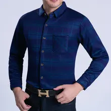 Winter Men Business Smart Casual Shirts Blue Purple Plaid Pattern Cashmere Wool Thicken Fleece Tops Male Warm Blouse Plus Size