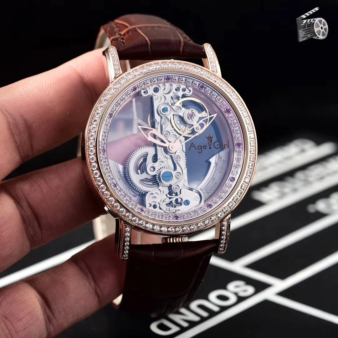 

Luxury Brand New Men Automatic Mechanical Watches Silver Gold Diamonds Bezel Waterproof Transparent Glass Skeleton Leather Watch