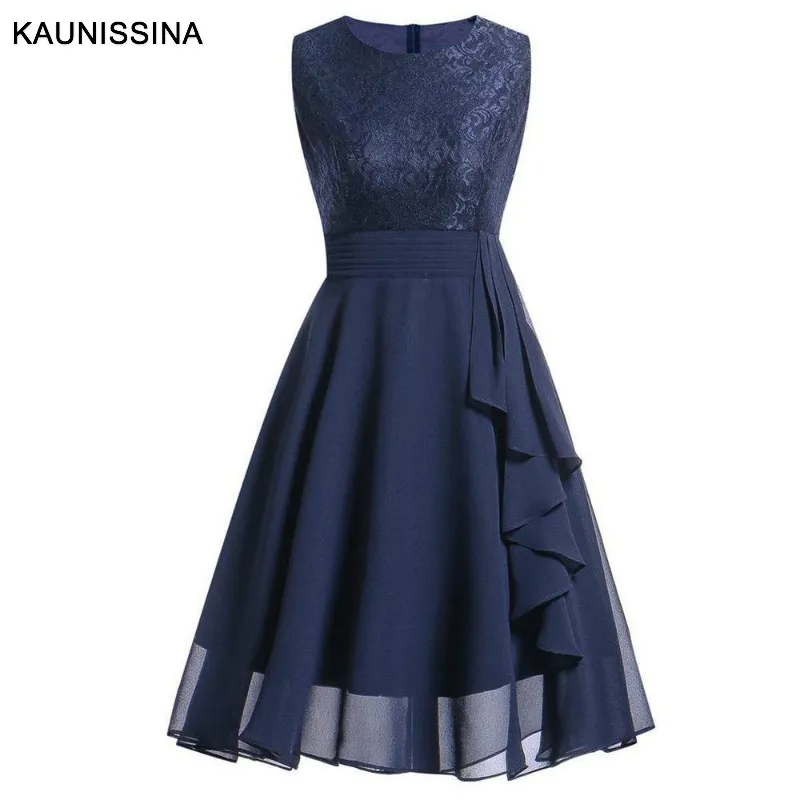 Navy Blue KAUNISSINA, женские винтажные коктейльные платья с круглым вырезом, кружевная, шифоновая, без рукавов, на молнии сзади, вечерние платья - Цвет: Navy Blue