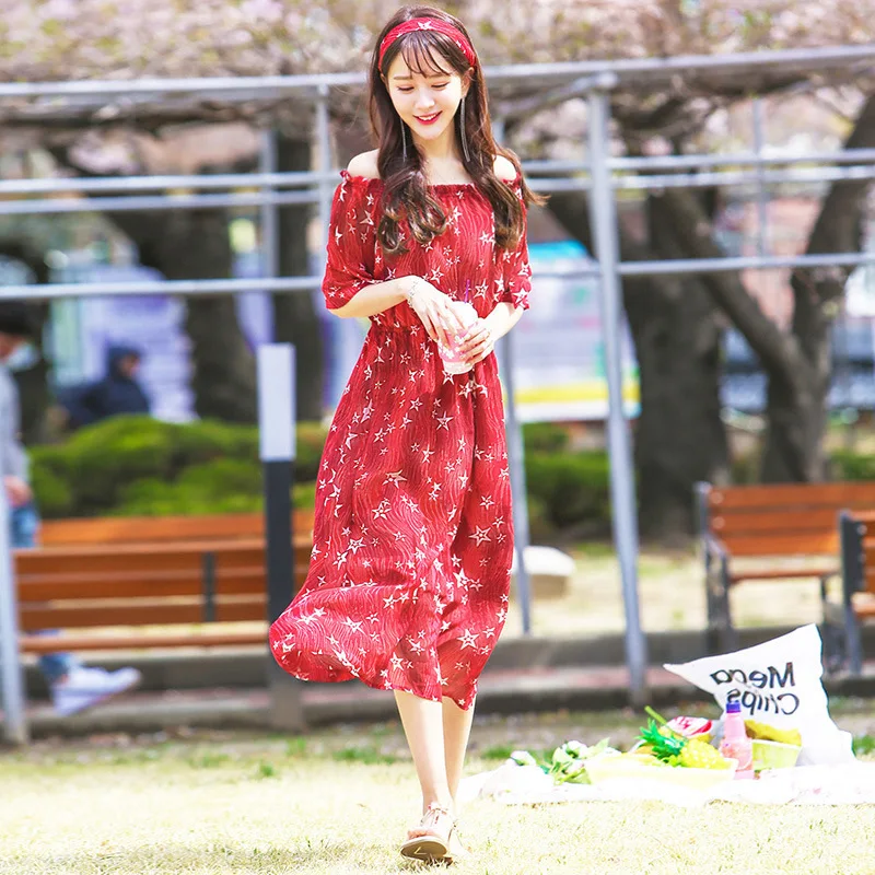 

Korean-style Summer Wear off-Shoulder Mid-length Skirt New Style Waist Hugging Red Small Floral Star Dress Qmilch Skirt