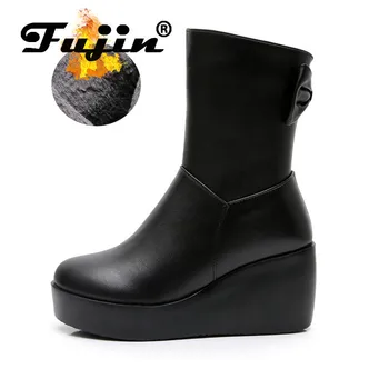 

Fujin Soft Leather Genuine Cow Women Boot Fur Plush Warm Snow Boots for Autumn Winter Women Sock Platform Wedge Heel Ankle Boots