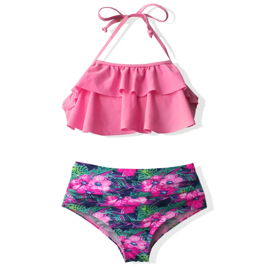 Для девочек купальник, детские купальники с цветочным принтом, женское бикини набор сплошной цвет двух частей Детская Плавание платье для вечеринок для девочек ванный комплект Плавание одежда
