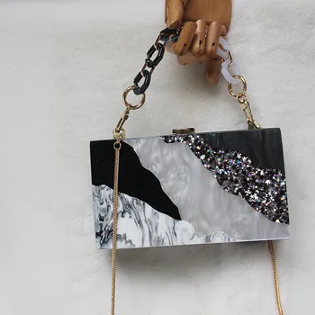

Fashion Women Evening Bag Sequin Striped Acrylic Handbags Luxury Vintage Box Clutch for Party/Wedding