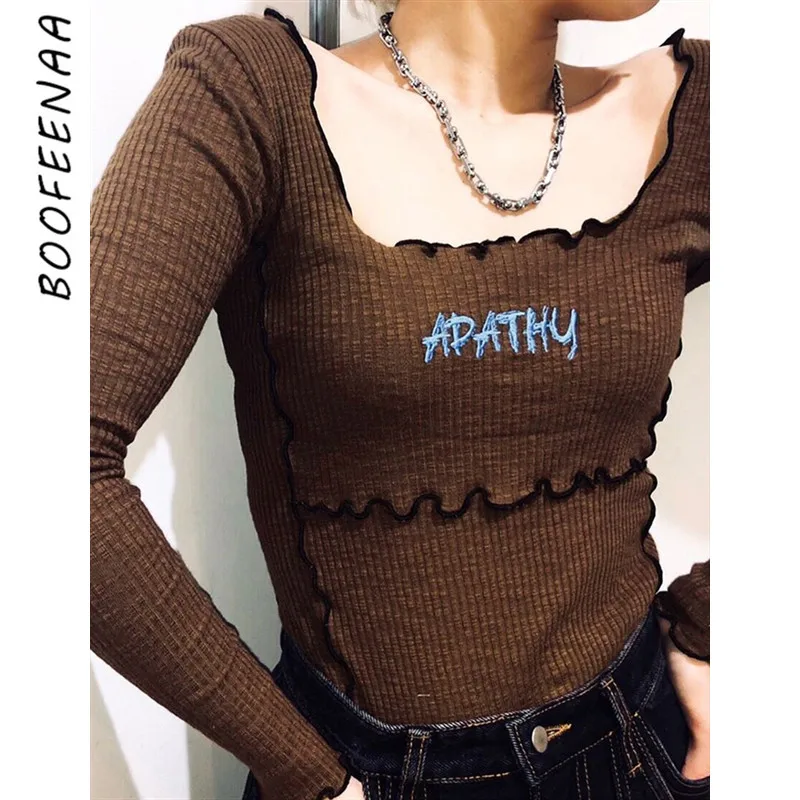 BOOFEENAA трикотажная рубашка в рубчик с длинным рукавом для женщин 2019 зимняя