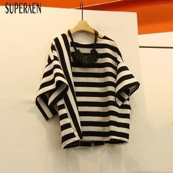 

SuperAen 2020 Spring and Summer New T Shirts Women Korean Style Wild Cotton Ladies T Shirts Round Neck Striped Short-sleeve Tops