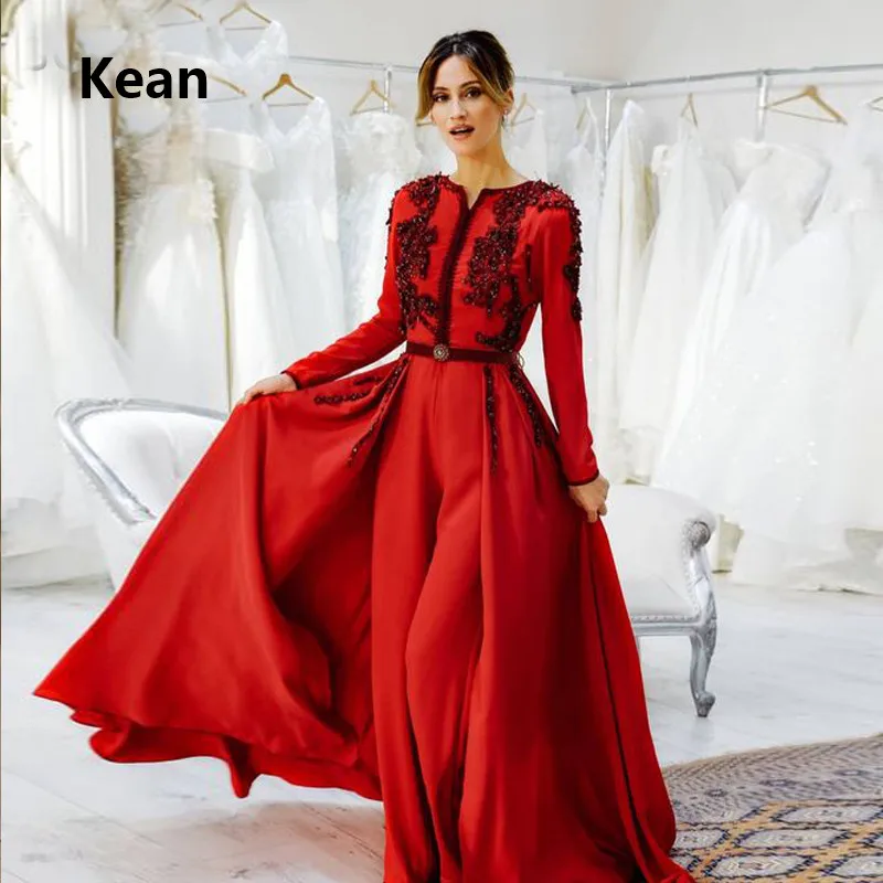 

Red Muslim Evening Dress Detachable Train Pantsuits Hijab Islamic Dubai Kaftan Saudi Arabic Evening Gown Prom Dress Custom Made