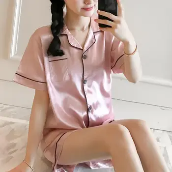 

2Pcs Summer Short Pajama Sets Soft Imitation Silk Turn Down Collar Short Sleeve Top Hot Shorts Pajama Sets Women Homewear